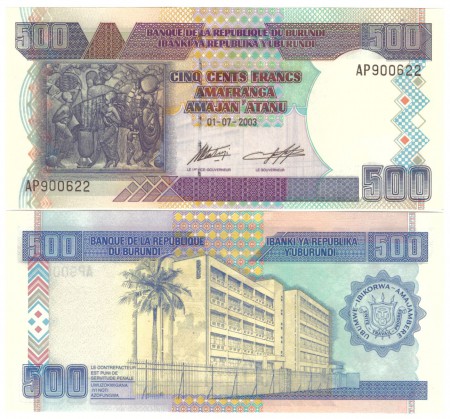 BURUNDI 500 Francs 2003 - UNC - Pick 38c	     
