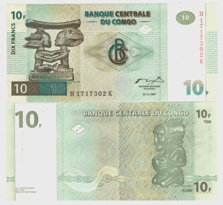 Kongo dem. Rep. 10 Francs 1997 UNC  Pick 87B	