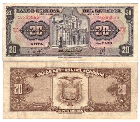 Ekvádor 20 Sucres 24.5.1980 stav F/VF		  
